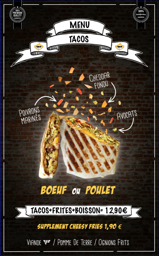 boeuf ou poulet - cheddar - galette de pomme de terre - poivrons - avocat - oignons frits - sauce tacos